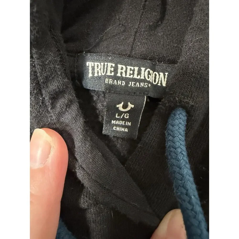 True Religion Pullover Hoodie Large Black Blue Logo Graphic Sweatshirt Mens L